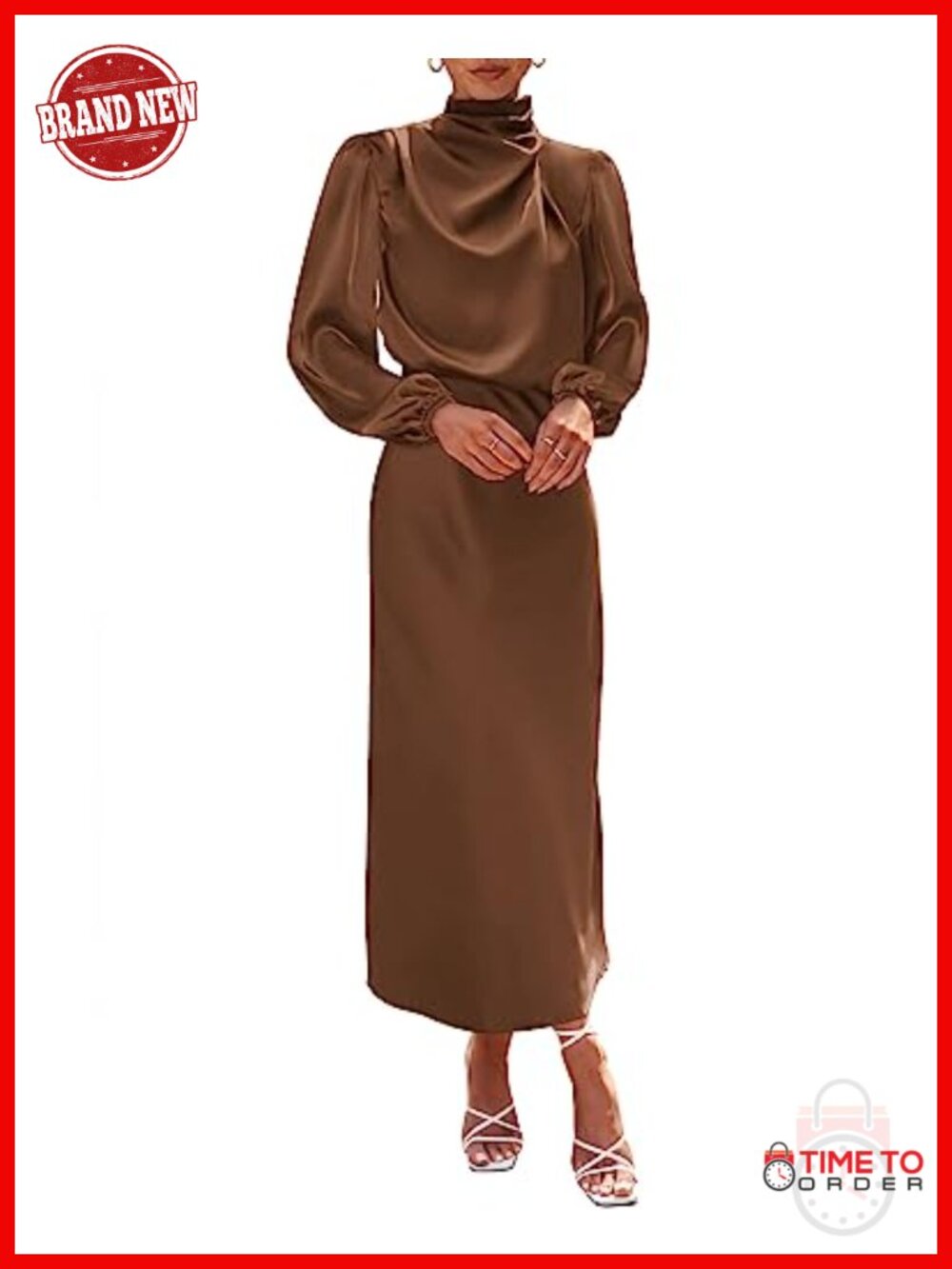 Womens Mock Neck Satin Maxi Dress Pleated Long Sleeve Formal